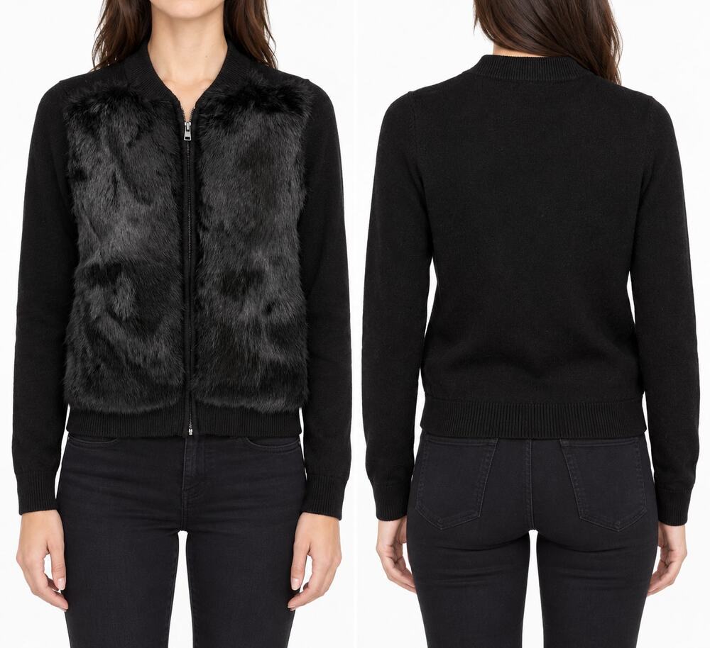 Vince Women's Black Fur-Front Zip Knit Cardigan Bomber Sweater Jacket Size XXS